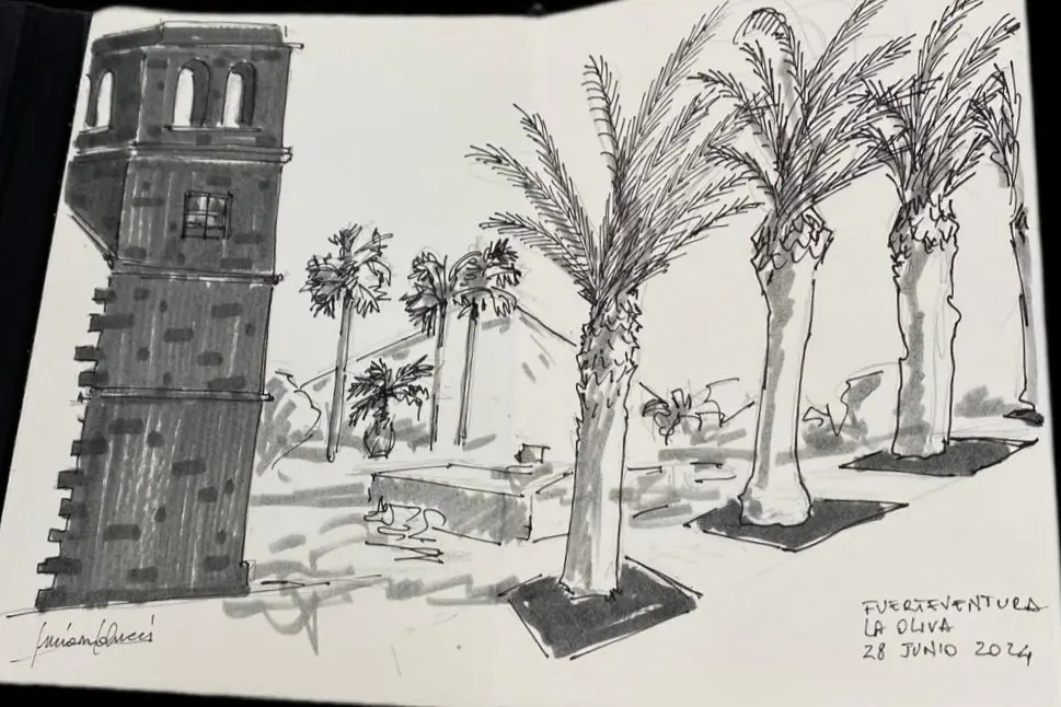 Un dibujo de la exposición “Rincones históricos de Fuerteventura”.