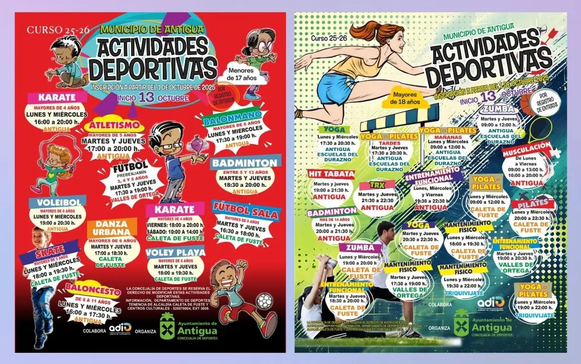 Carteles de las escuelas deportivas municipales de Antigua 2025.