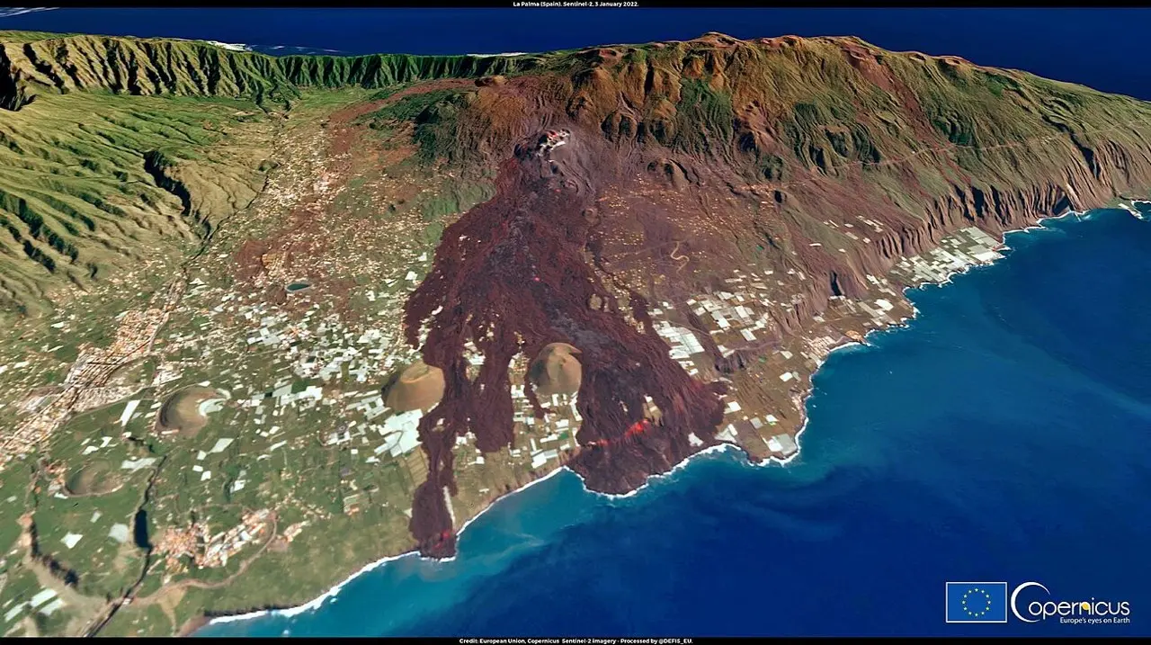 Erupci&oacute;n del Tajogaite, en La Palma, en una imagen de los sat&eacute;lites Sentinel de proyecto Copernicus, dinfundida desde el INVOLCAN.