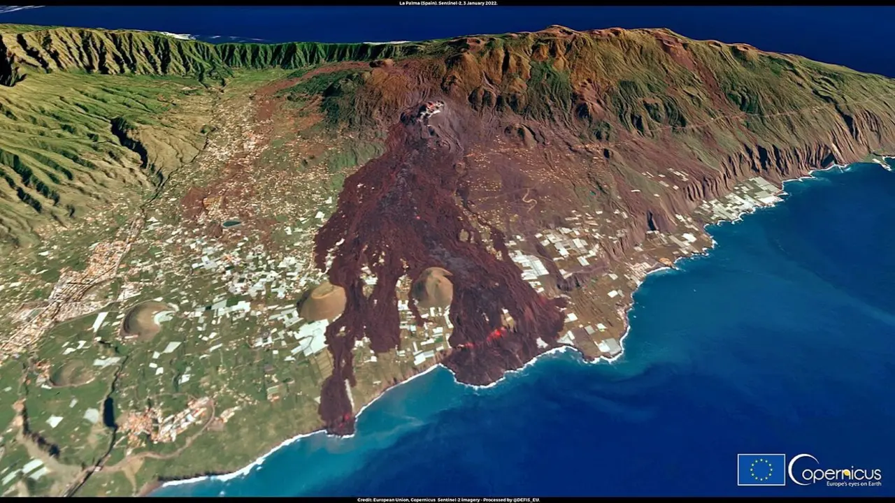 Erupci&oacute;n del Tajogaite, en La Palma, en una imagen de los sat&eacute;lites Sentinel de proyecto Copernicus, dinfundida desde el INVOLCAN.