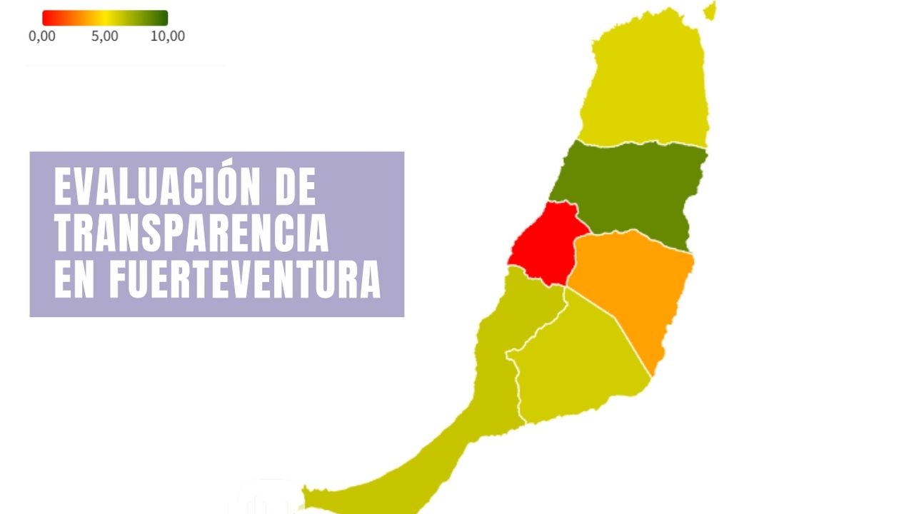 Mapa de notas de transparencia por colores en Fuerteventura, con los &uacute;ltimos datos de 2024.