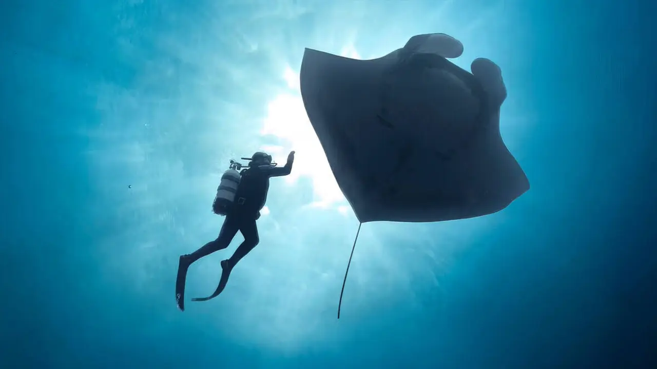 Imagen submarina de una mantarraya gigante, especie protagonista en el Festival de los Oc&eacute;anos.