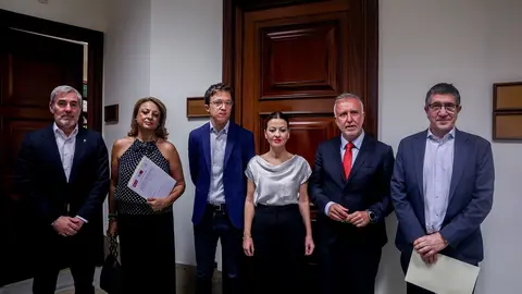 Clavijo y Cristina Valido, con el ministro Torres y los portavoces de Sumar y PSOE.