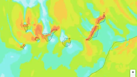 Rachas máximas de viento para el mediodía del lunes 16 de diciembre (AEMET).