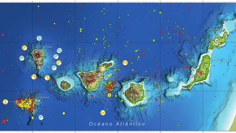 Mapa de Sismicidad en Canarias, entre 1585 y 2022 (Fuente: IGN).