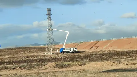 Trabajos en una torreta de la red eléctrica de Fuerteventura.