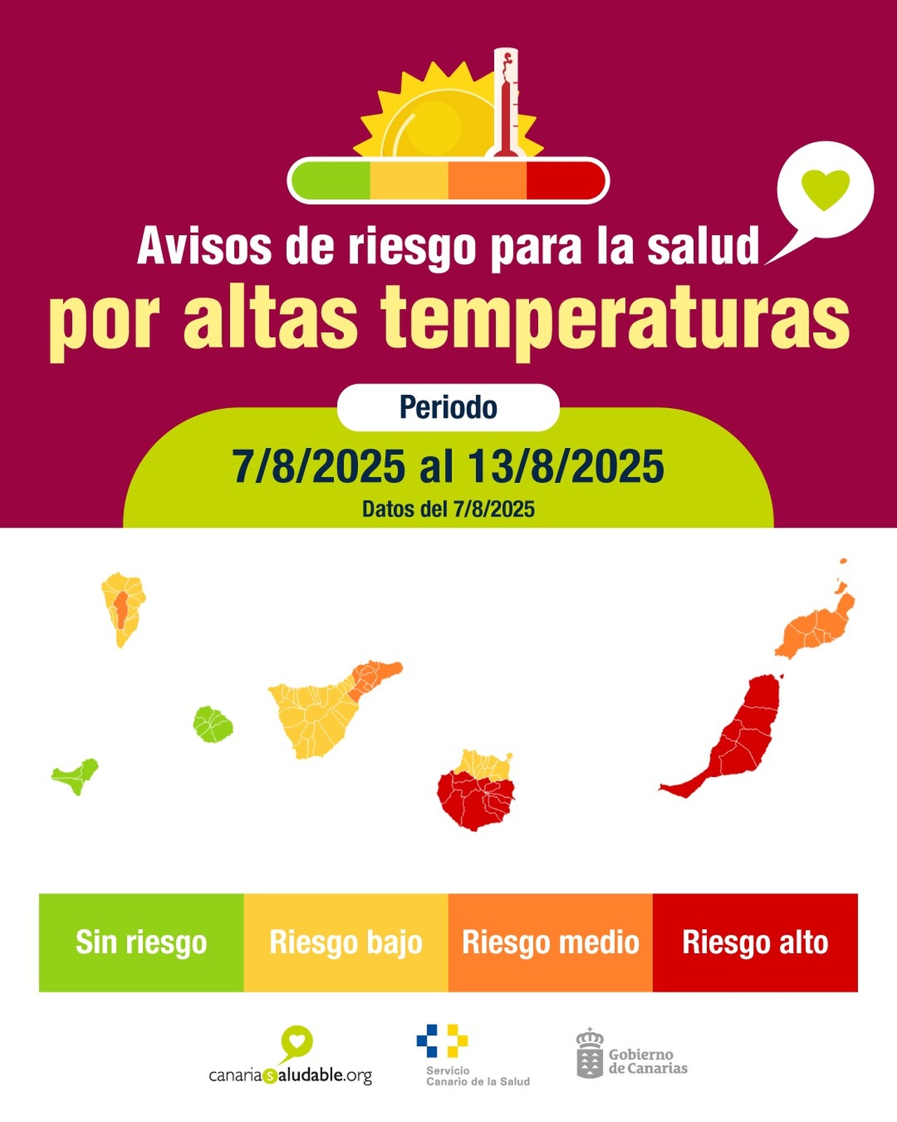 Mapa de avisos por calor, en agosto de 2025.
