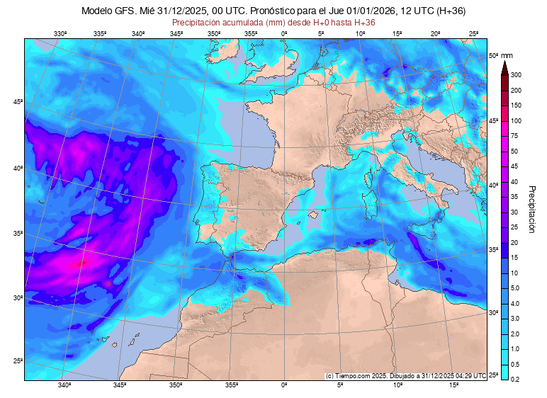Borrasca Francisca, a mediodía de este jueves 1 de enero (Modelo GFS de la NOAA).