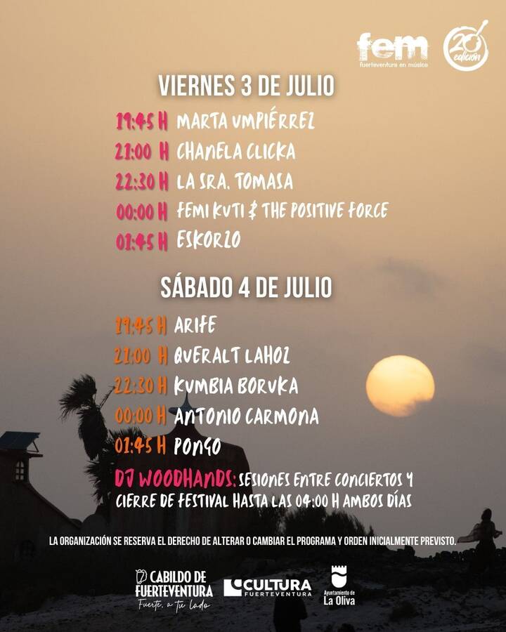 Horarios y artistas del festival Fuerteventura en Música (FEM) 2026.