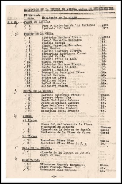 Documento registrado en el Ayuntamiento de Pájara en 1950, con un inventario de edificaciones y sus propietarios en la entonces Dehesa de Jandía.