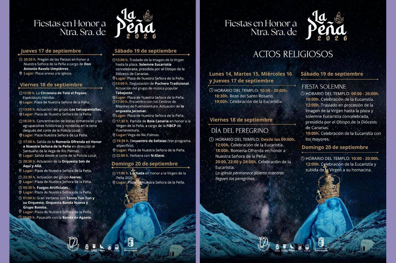 Programa principal y actos religiosos de La Peña 2026.